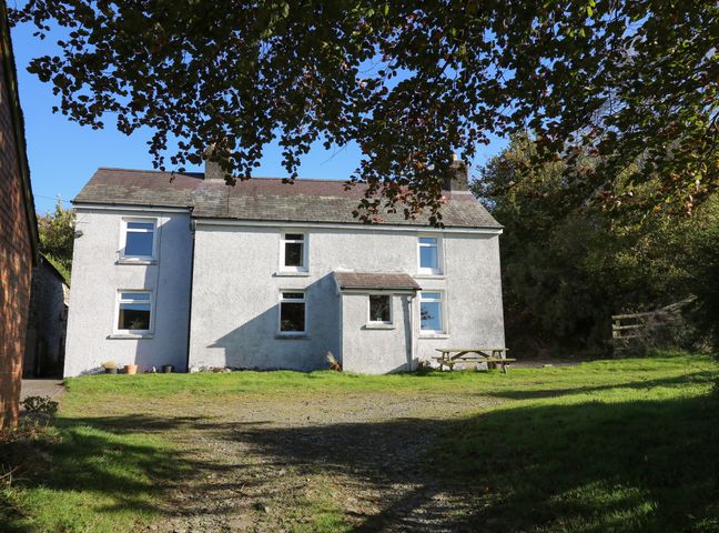 A white two-story house with six windows and a small porch surrounded by grass and trees at Pengraig near Tregaron