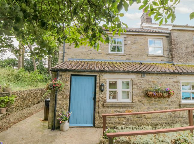 Stone house with blue door and windows with flower baskets on the wall at Sawdon Heights in Sawdon