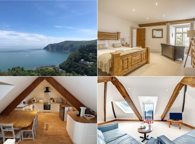 A coastal view of the sea and cliffs a bedroom with wooden furniture a kitchen with wooden beams and dining table a living room with exposed wooden beams and seating at The Penthouse Lynmouth Bay in Lynton