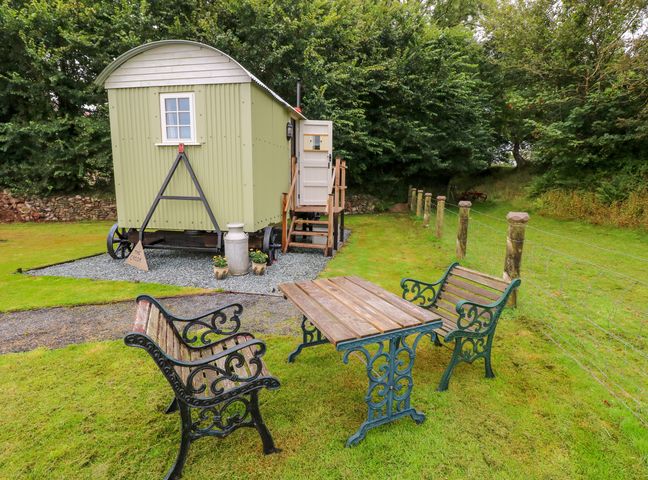 A small green shepherds hut with stairs and an open door near two wooden benches and a table on grass at Shepherds Hut - The Crook in Rosemarket near Neyland