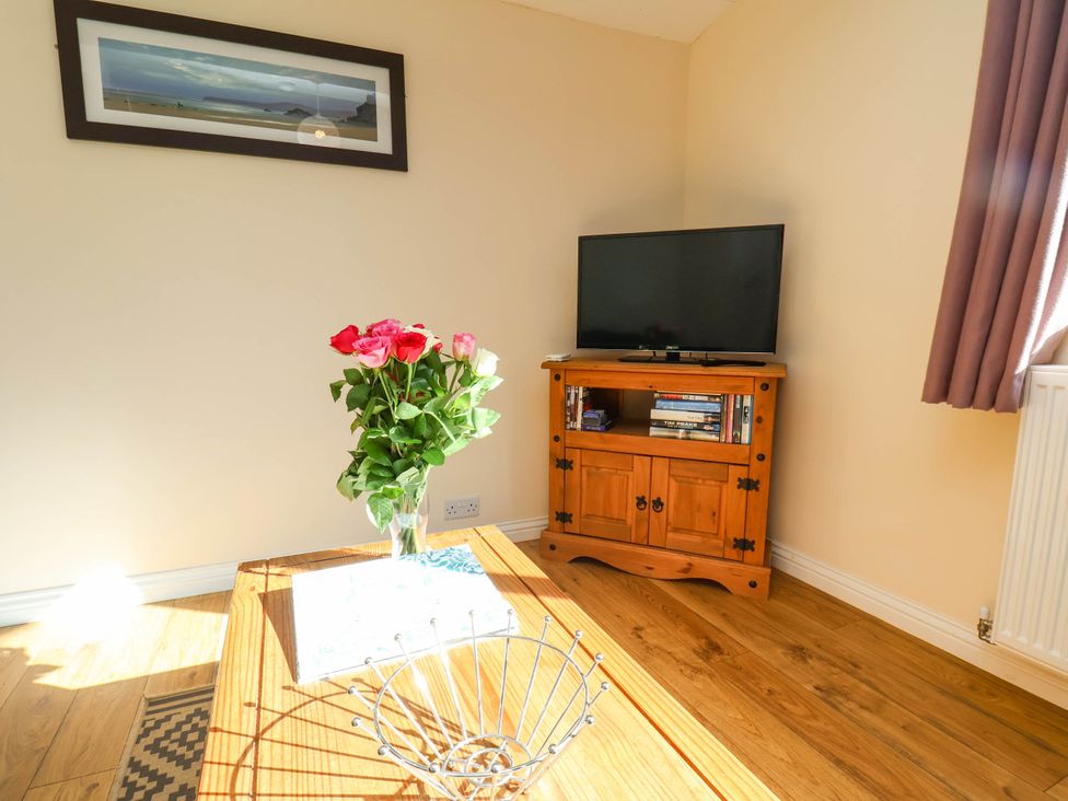 A living room with a vase of roses and a television at Orchid Lodge in Saltburn-by-the-Sea