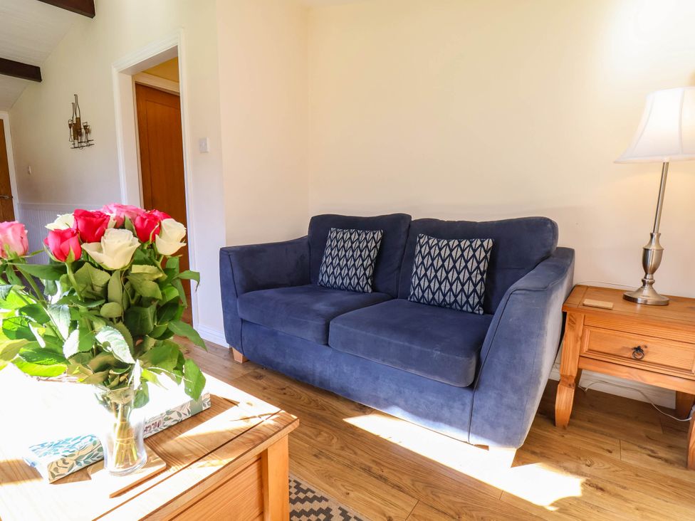 A living room with a blue sofa and flowers on a table at Orchid Lodge in Saltburn-by-the-Sea