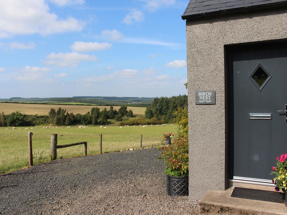 An entrance door with a sign and a flower pot at Birds Nest in Jedburgh