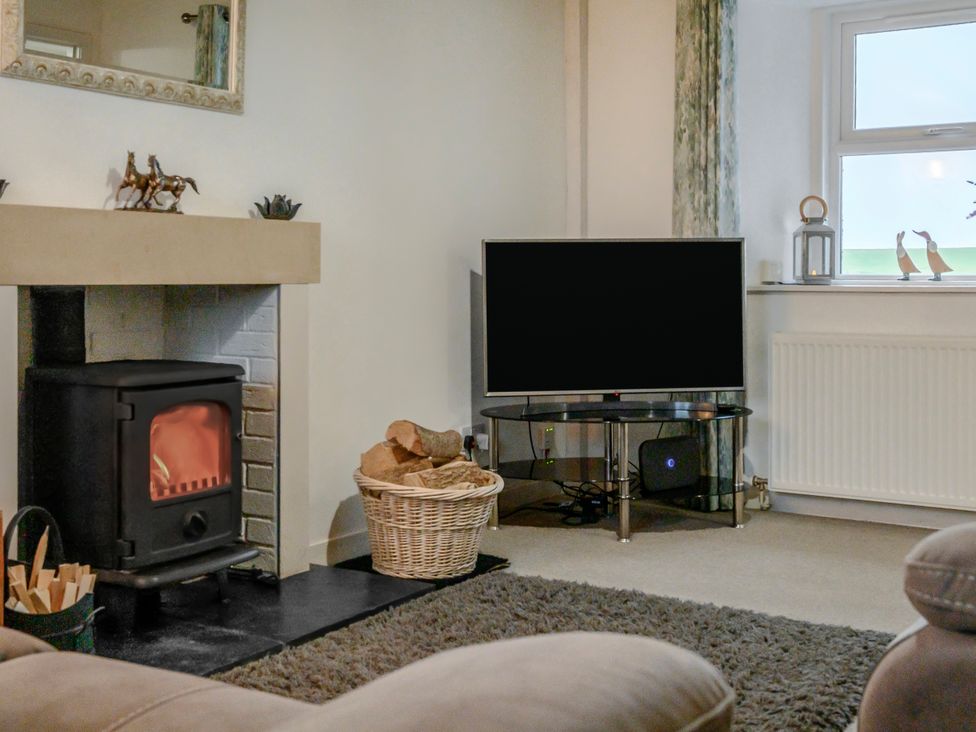 A living room with a fireplace and television at Birds Nest in Jedburgh
