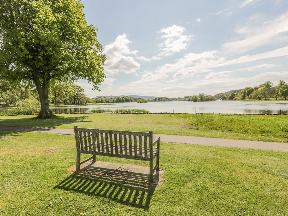 A bench near a lake surrounded by trees at Simply Suite, Castle Douglas