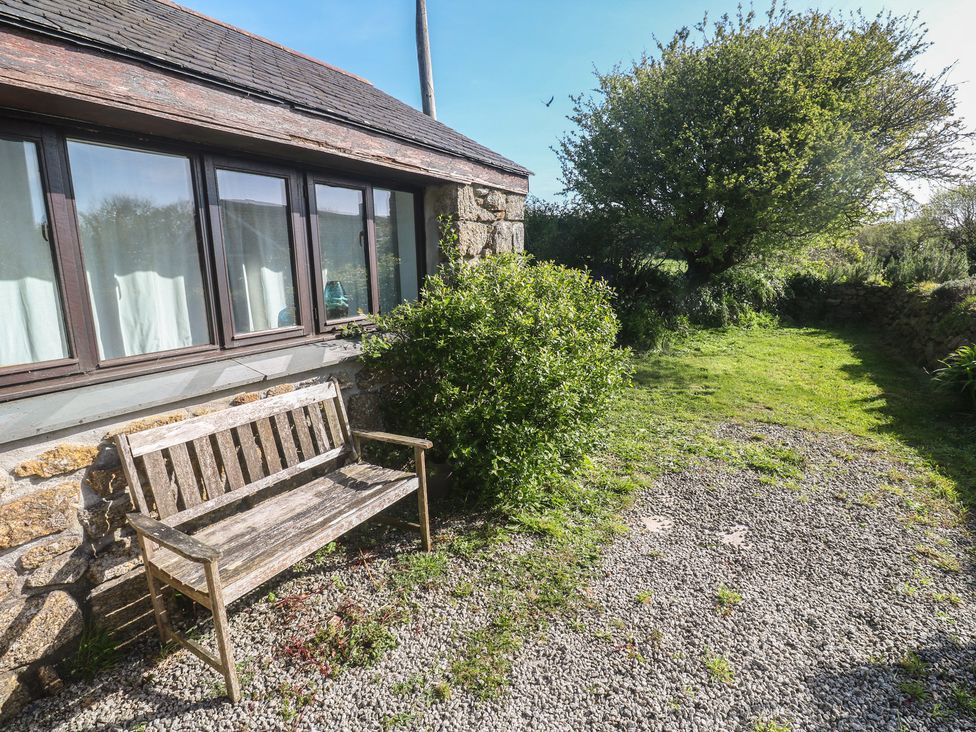 A garden with a wooden bench and greenery at Kernyk in Penzance
