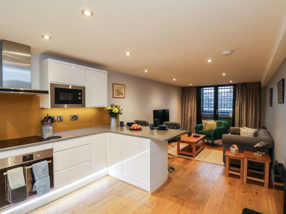 A kitchen and living room area at Premier, Transit & Lady Hilda @ Engine Shed, Whitby