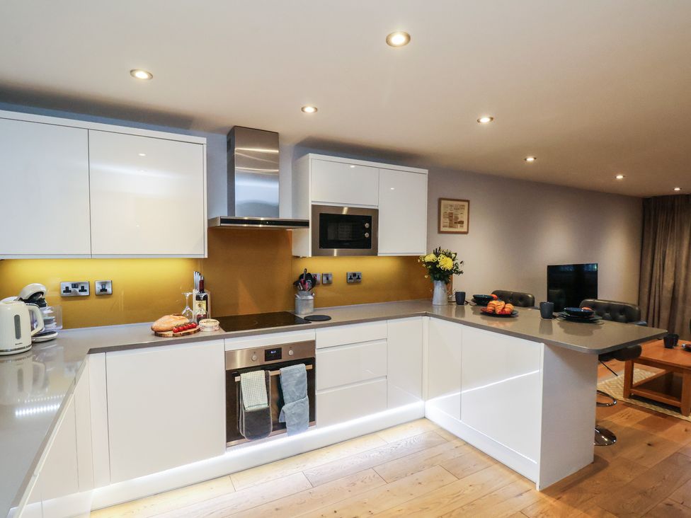 A kitchen with appliances and a fruit bowl at Premier, Transit & Lady Hilda @ Engine Shed in Whitby