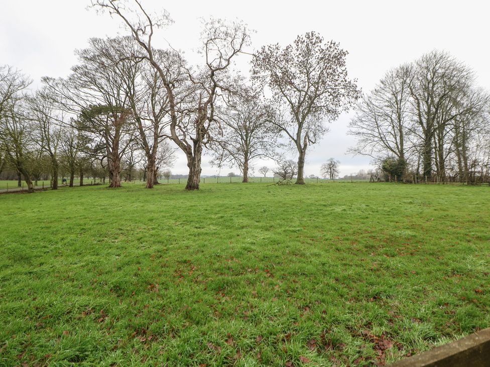 A grassy area with trees and a fence at South Lodge - Longford Hall Farm Holiday Cottages Longford near Ashbourne