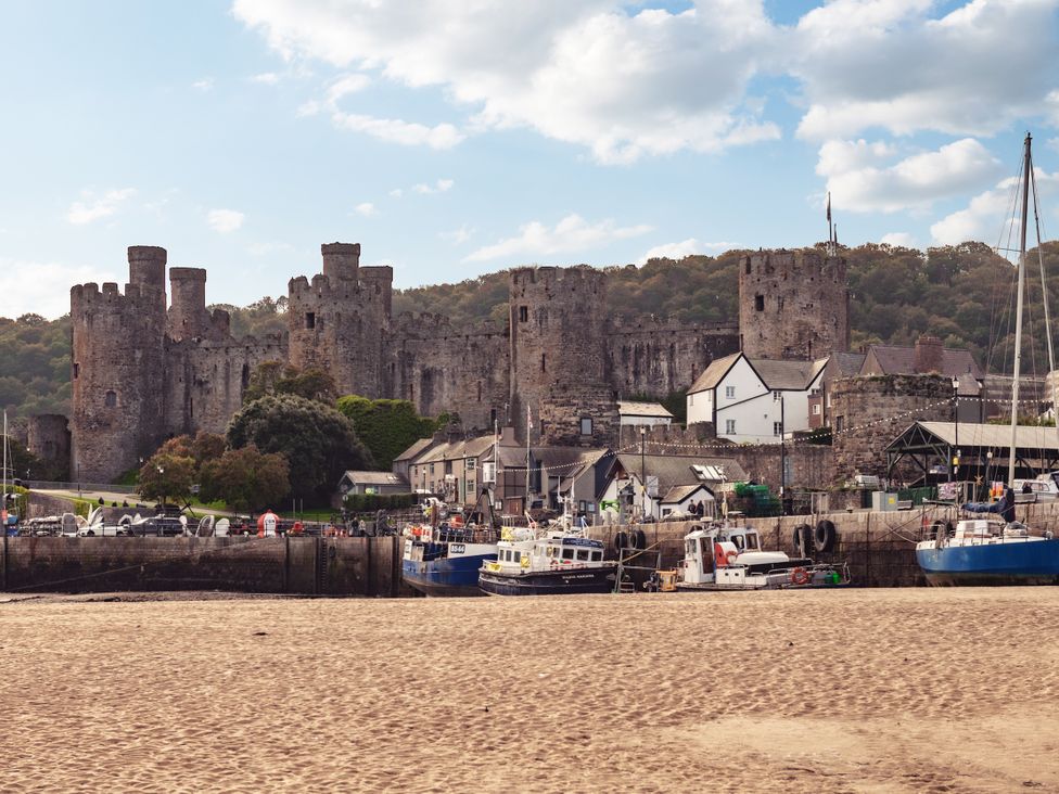 A view of a castle near a river with boats and houses at Coed y Felin in Conwy