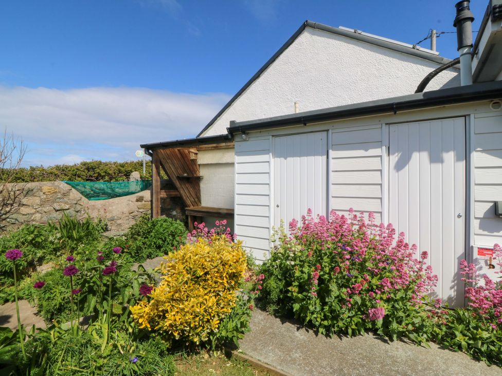 A garden with flowers and a shed at Farm Cottage in Cemaes Bay