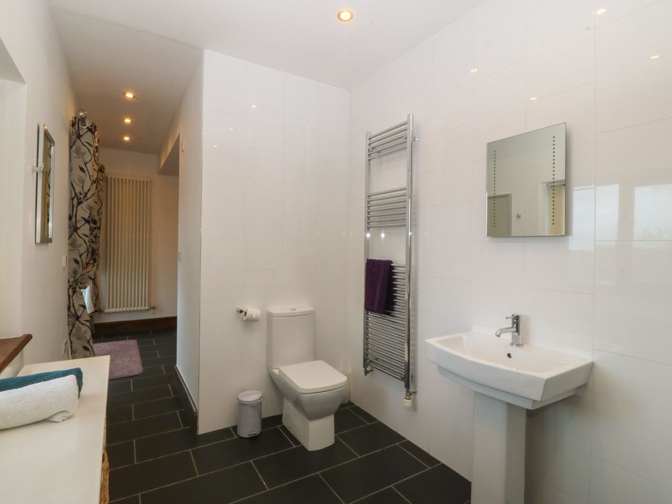 A bathroom with a toilet and sink at Gwylan Uchaf in Y Felinheli