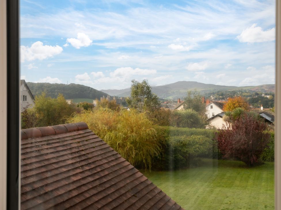 A view of trees and houses with mountains in the background at Summerfield in Deganwy