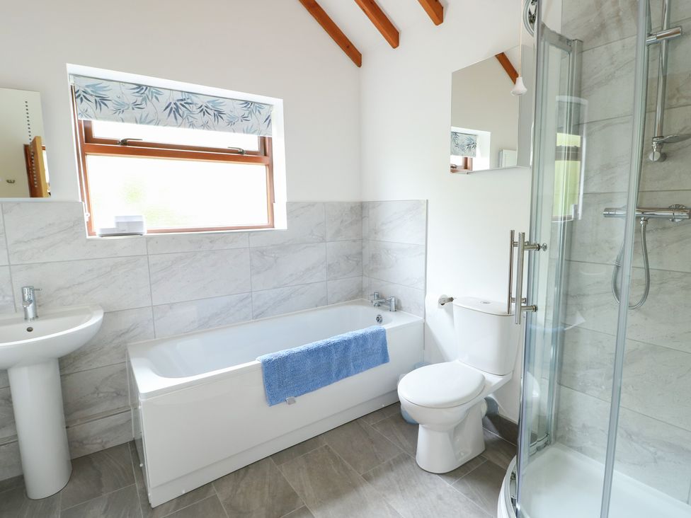 A bathroom featuring a bath tub, toilet, sink, and shower at Tyn y Mynydd Bull Bay