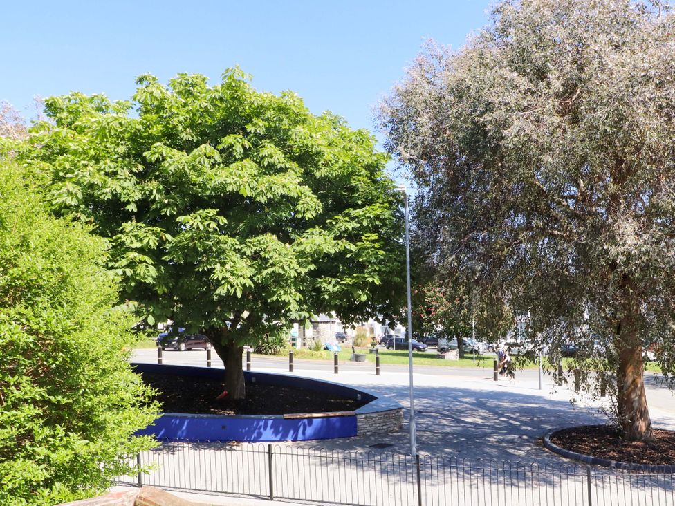 A street view with trees a lamp post and parked cars at Y Stabl in Criccieth