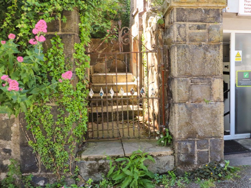 An outdoor stone stairway with an iron gate surrounded by green plants and pink flowers at Y Stabl in Criccieth