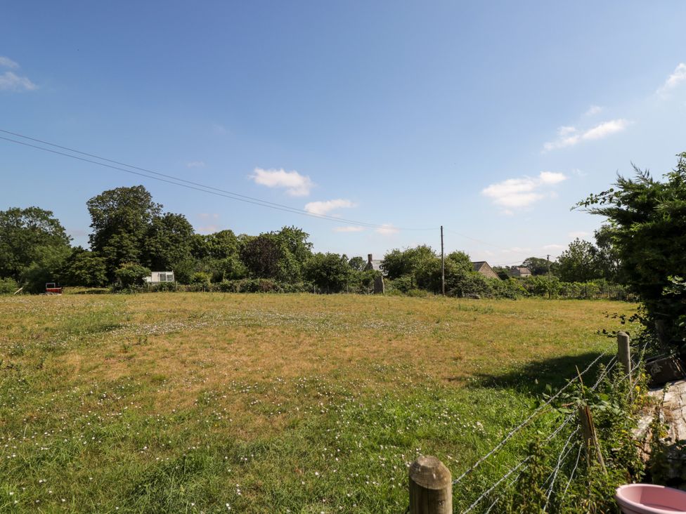 An open field with trees and power lines at Ivy Cottage in Woolverton near Beckington