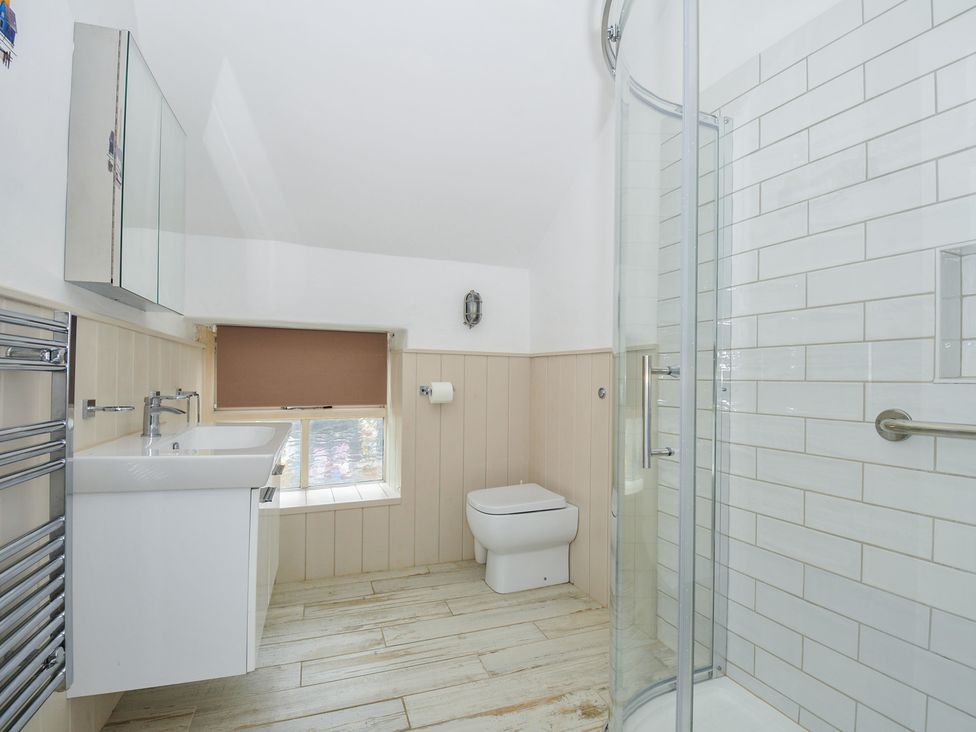 A bathroom with a shower and toilet at Stargazy in Trebarwith Strand near Tintagel