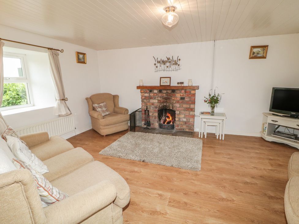A living room with a fireplace and television at Shaws Hill Farmhouse, Kells, County Antrim