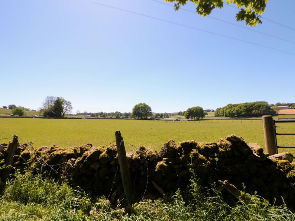 A field with a fence and trees at The Shavings in Cowdale near Buxton