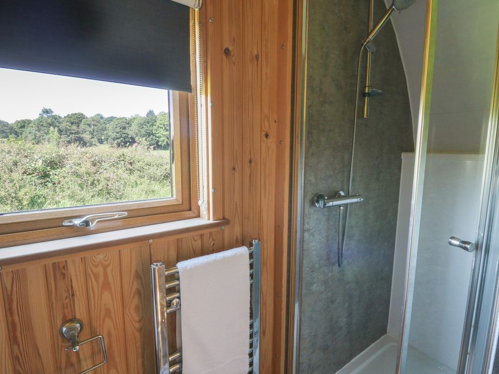 A bathroom with a shower and towel rail at Bwthyn Bach Brefi
