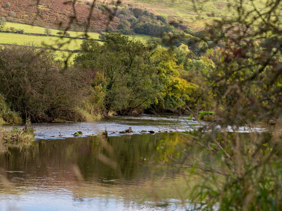 A river with trees and hills in the background at Bwthyn Bach Brefi