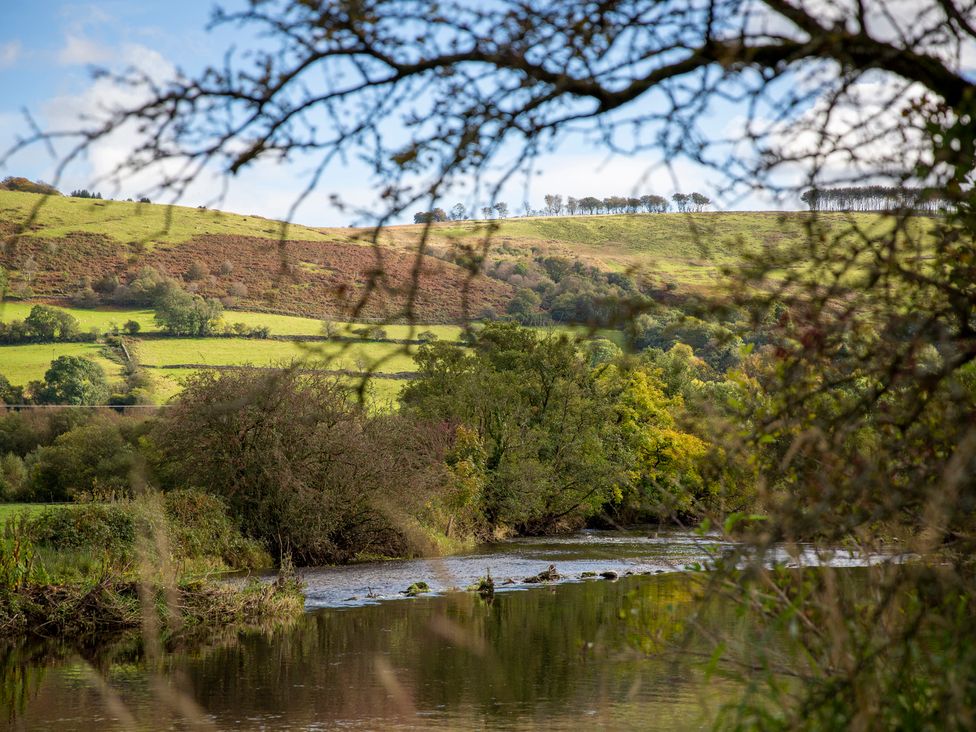 A river flowing through trees and hills at Bwthyn Bach Brefi