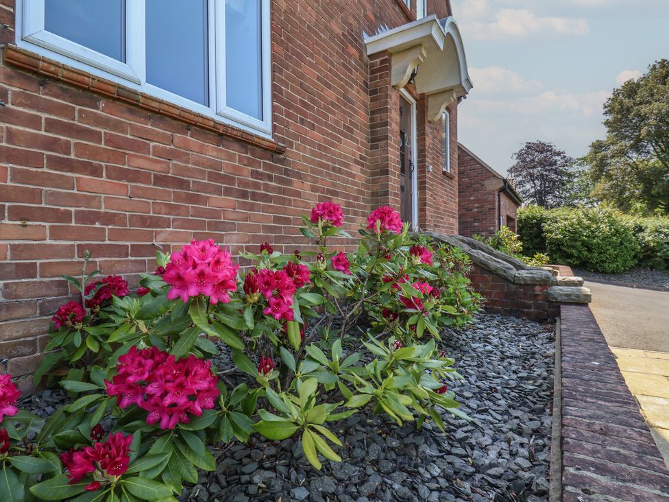 A garden area with flowers and landscaping in front of a brick wall at 21 Eskdaleside Sleights