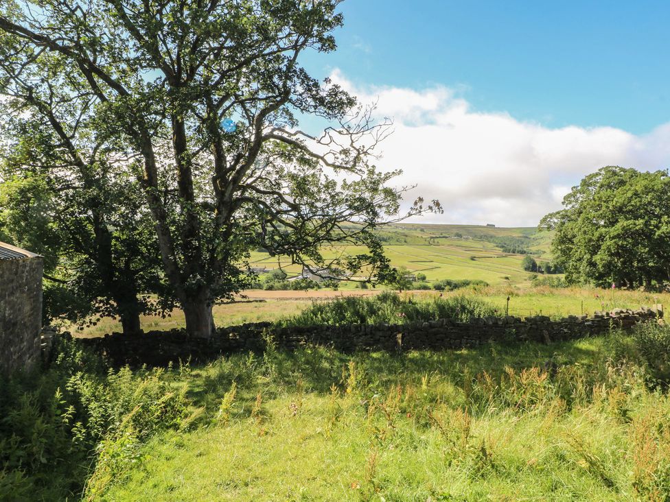 A view of trees and a grassy field at Moldy Warp Barn in Haworth