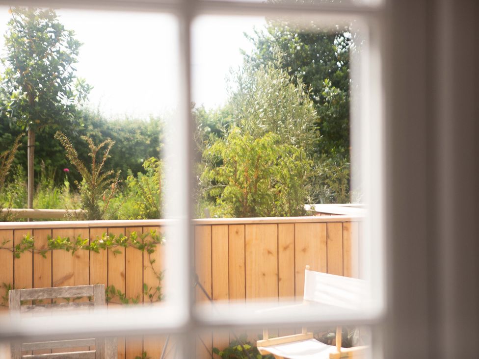A garden view with trees and a wooden fence at Newstead Farmhouse East Chiltington near Lewes Sussex