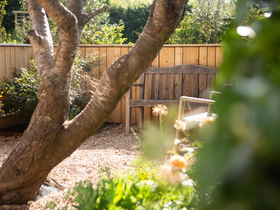 A garden with a wooden bench under a tree at Newstead Farmhouse East Chiltington near Lewes, Sussex