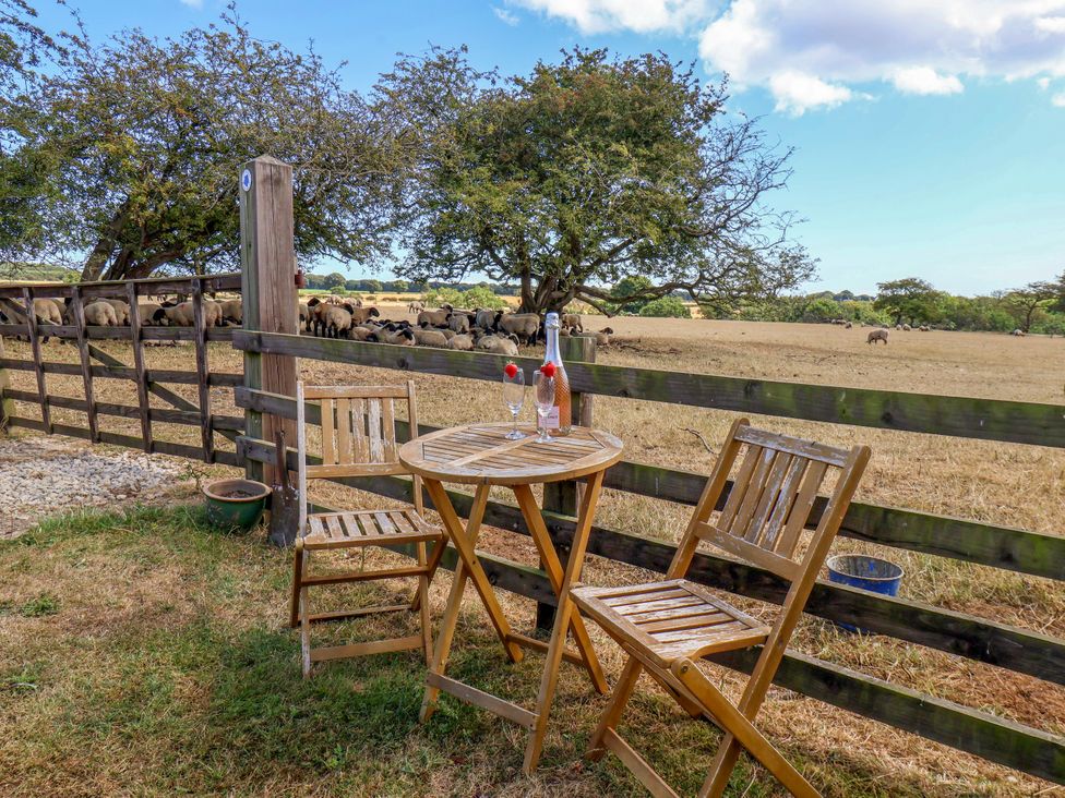 A table with two chairs in an outdoor setting with sheep in the background at Crabtree Cottage Suffield near Scalby