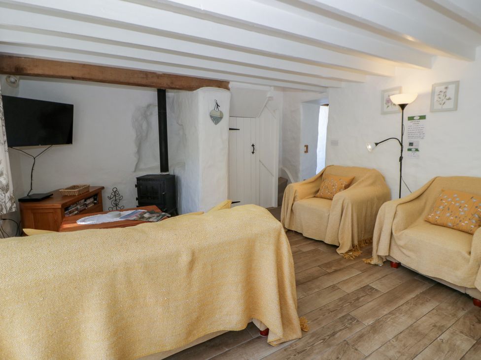 A living room with a television and wood stove at End Cottage in Newport, Pembrokeshire