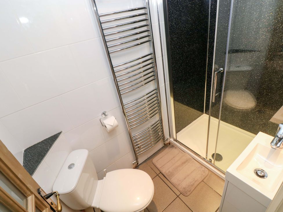 A bathroom with a toilet, shower, towel rail, and sink at Greenbanks in Dinas Cross, Pembrokeshire