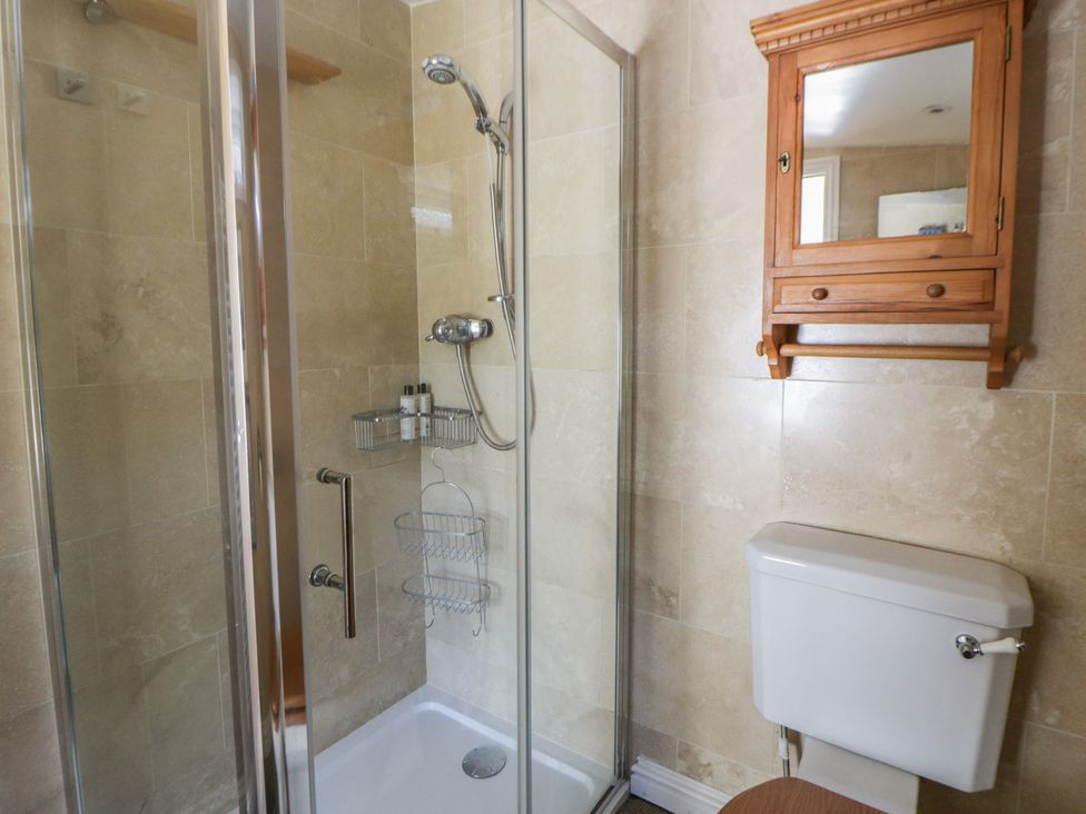 A bathroom with a shower and toilet at Dolwylan Newport, Pembrokeshire