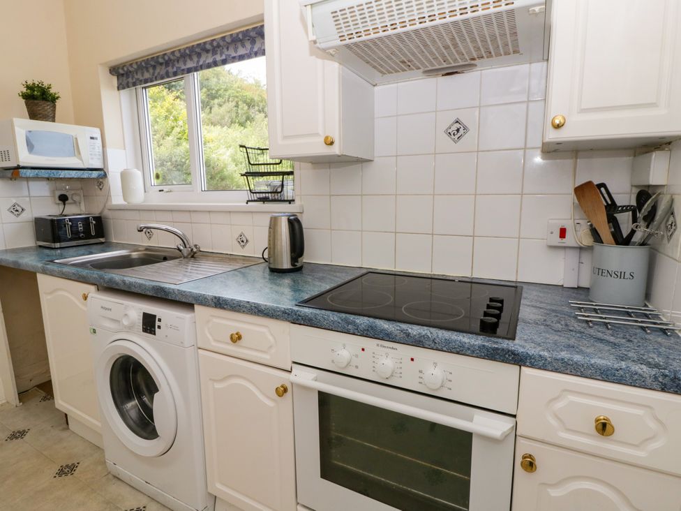 A kitchen with appliances and utensils at Delyn Aur Tresaith, Ceredigion