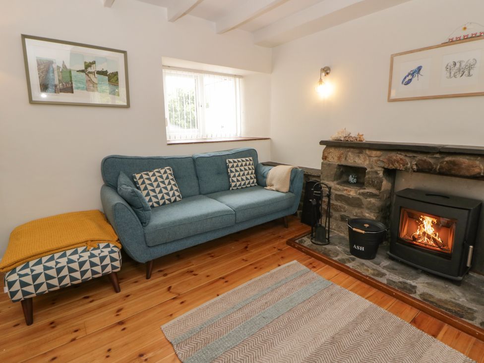 A living room with a sofa and fireplace at Little Barn Cottage in Dinas Cross, Pembrokeshire