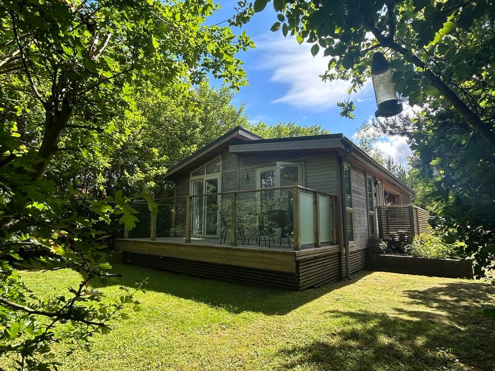 A house with a deck surrounded by trees at The Hideout in Lanreath