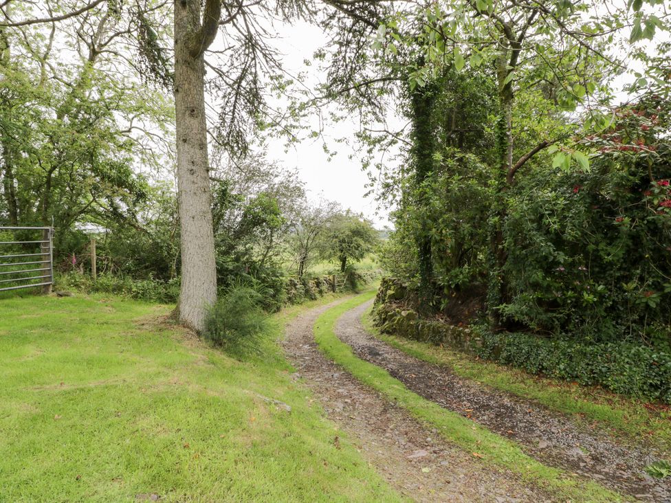 A garden path with trees and a gate at The Barn in Rockcliffe