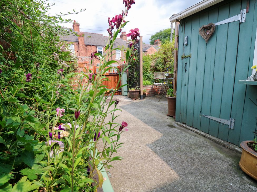 A garden with flowers and a shed at 4 Ford Street Lanchester