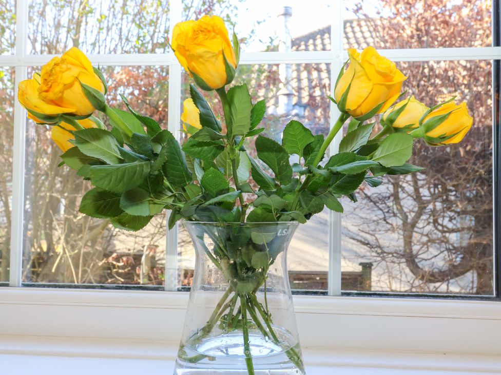 A vase with yellow roses placed on a windowsill at Hira's Cottage