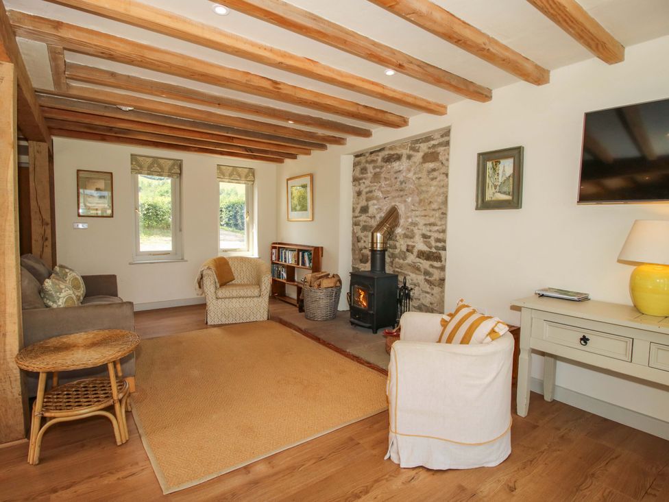 A living room with a fireplace and bookshelves at Brynlikky Cottage Chapel Lawn near Bucknell