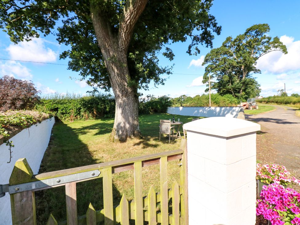 A garden with a tree and furniture at Tight Lyne Cottage in Longtown