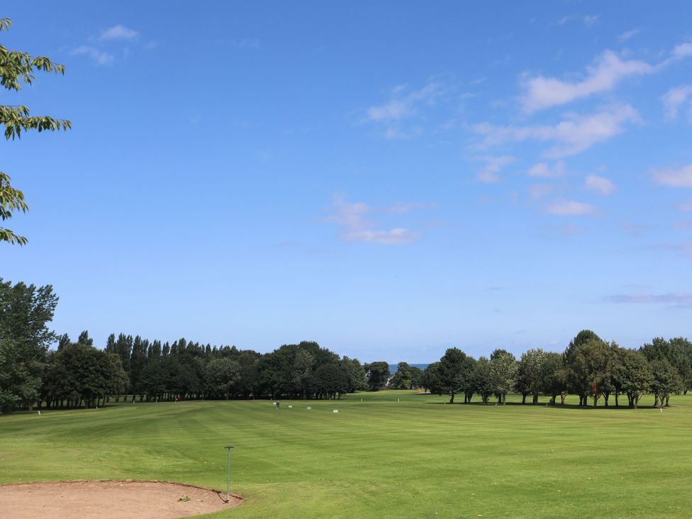 A golf course with grass and trees at Castle Cove in Abergele