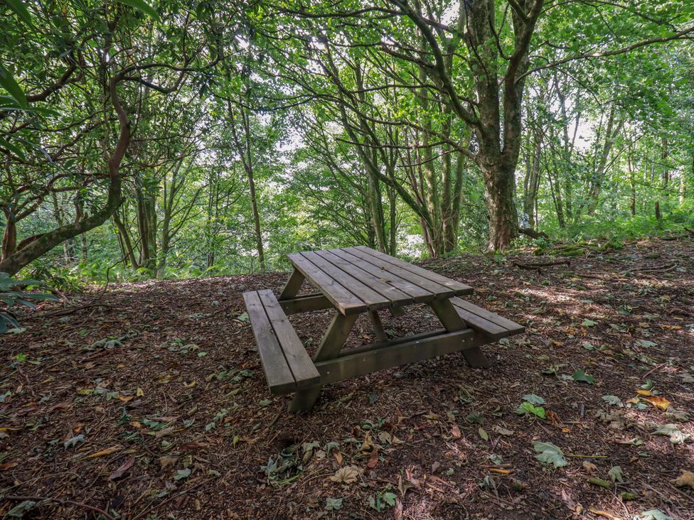 A picnic table in a wooded area at Abbots Reading Suite Lakeside