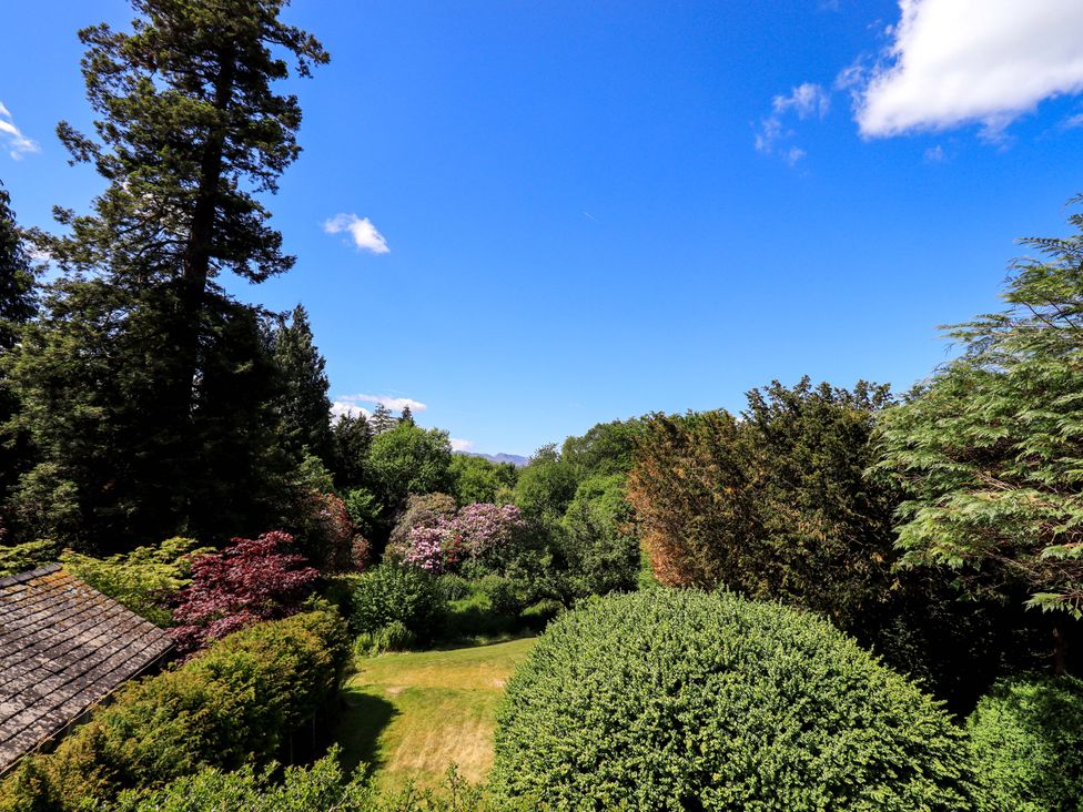 A garden with trees and grass at Tower Cottage in Windermere