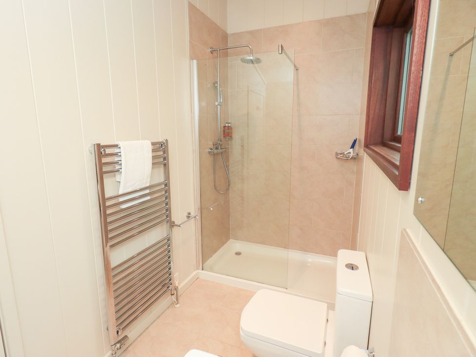 A bathroom with a shower, toilet, sink and towel rail at The Loghey in Hawkshead