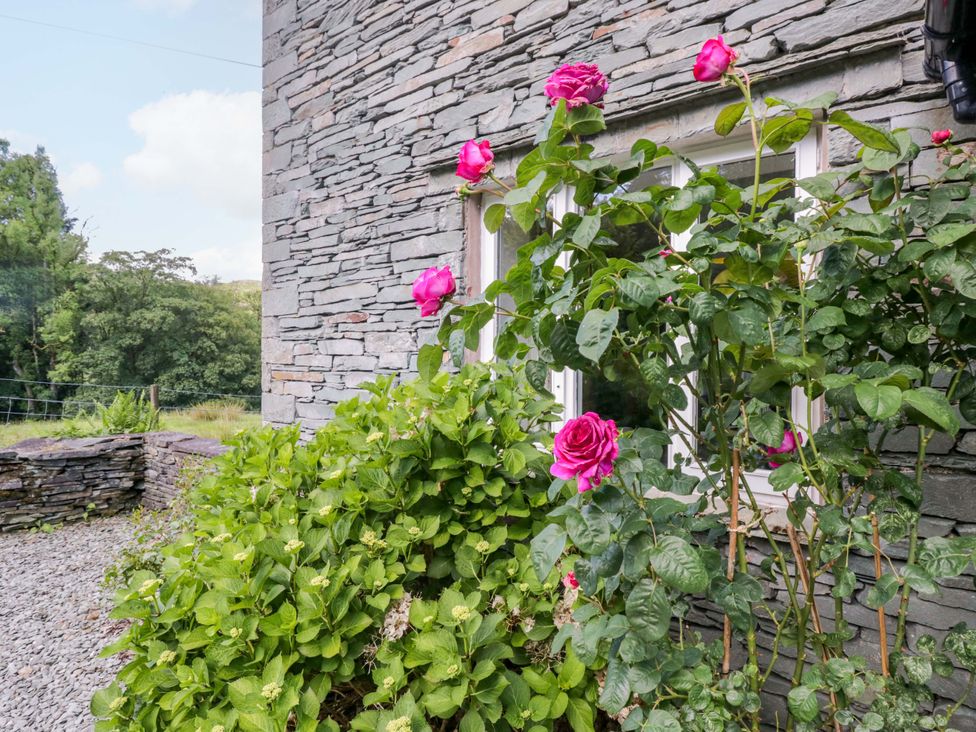 An outdoor view of a stone wall with roses and a window at Elterwater Lodge in Elterwater