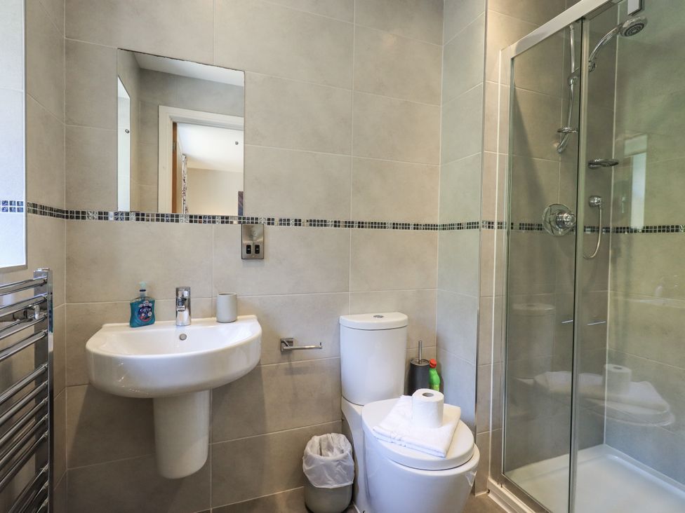 A bathroom with a sink, toilet, and shower at No 7 in Ambleside