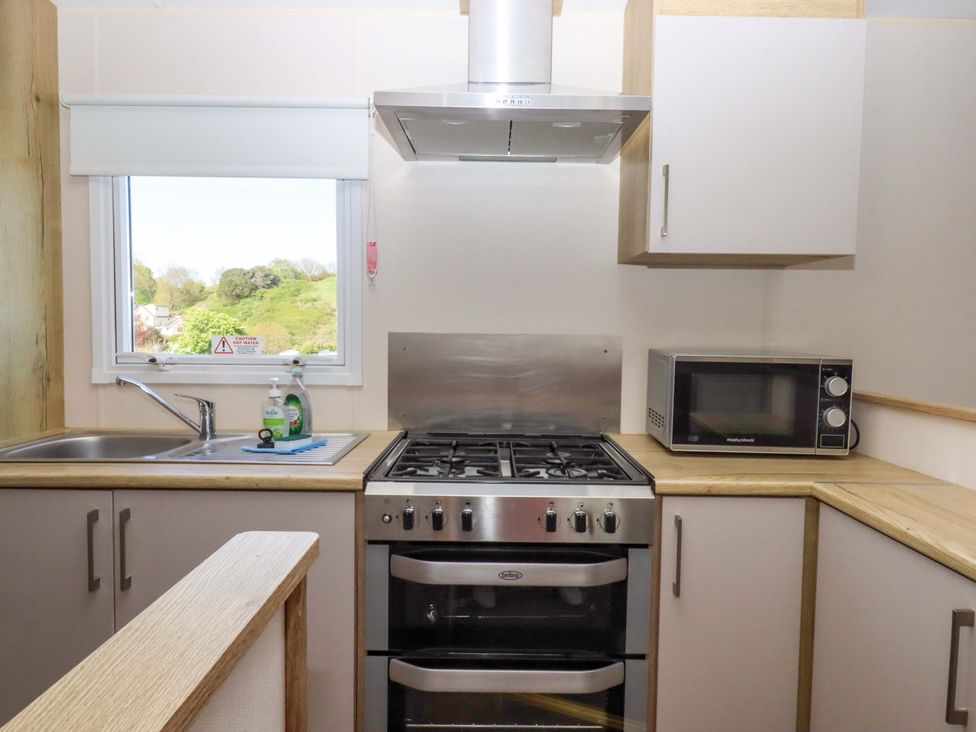 A kitchen with sink, gas cooker, oven and microwave at 213 Seaview Caravan